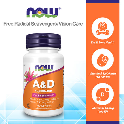 NOW Supplements, Vitamin A &amp; D 10,000/400 IU, Eye Health*, Essential Nutrition, 100 Softgels Vitamins &amp; Supplements NOW Foods USA