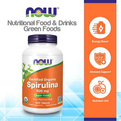 NOW Supplements, Organic Spirulina 500 mg with Vitamins, Minerals and GLA (Gamma-Linolenic Acid), 500 Tablets Vitamins &amp; Supplements NOW Foods USA
