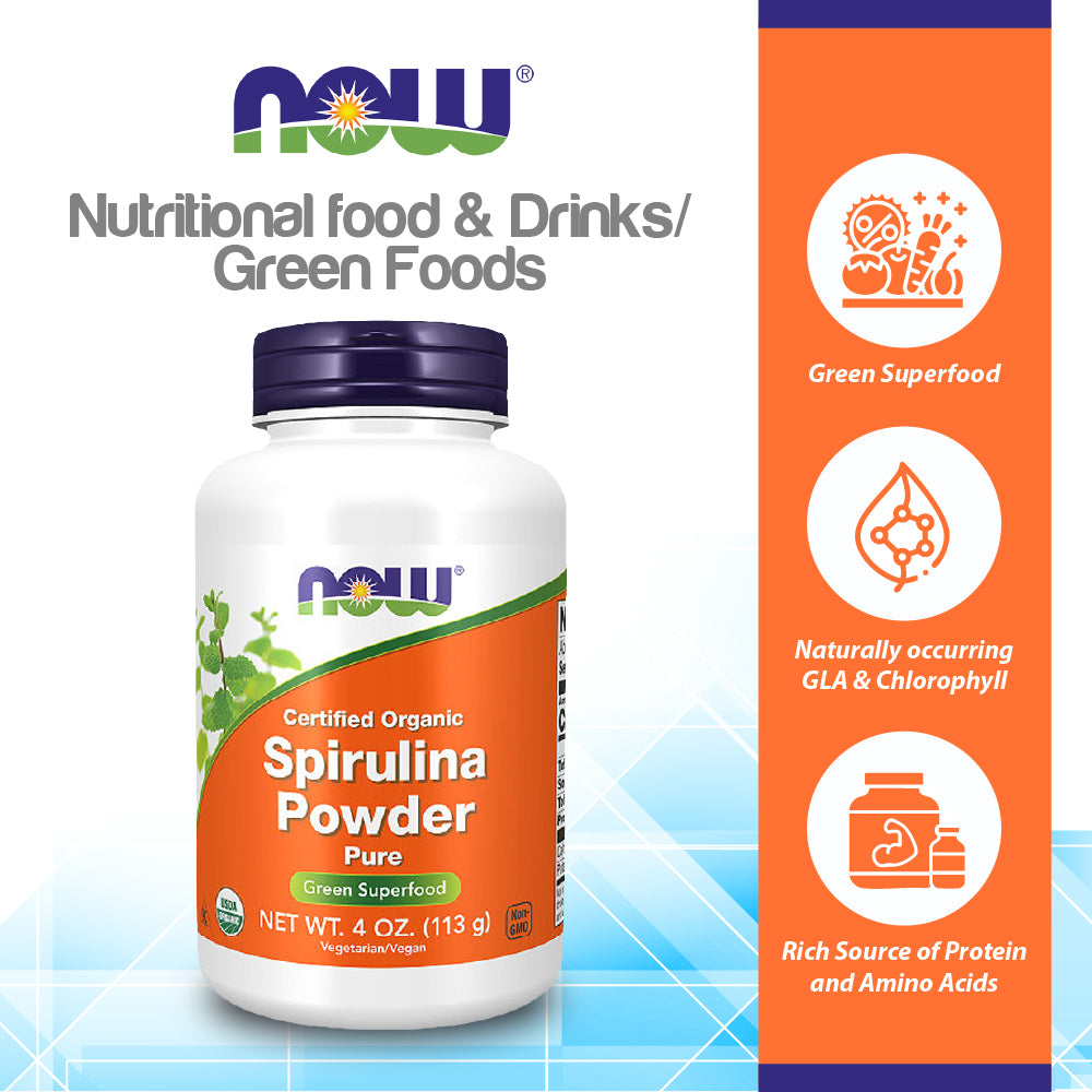 NOW Supplements, Certified Organic, Spirulina Powder, Rich in Beta-Carotene (Vitamin A) and B-12 with naturally occurring GLA &amp; Chlorophyll, 4-Ounce(113g) Vitamins &amp; Supplements NOW Foods USA