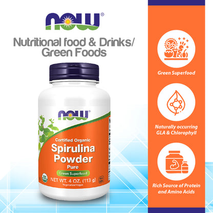 NOW Supplements, Certified Organic, Spirulina Powder, Rich in Beta-Carotene (Vitamin A) and B-12 with naturally occurring GLA &amp; Chlorophyll, 4-Ounce(113g) Vitamins &amp; Supplements NOW Foods USA