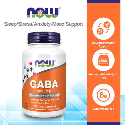 NOW Supplements, GABA (Gamma-Aminobutyric Acid) 500 mg + B-6, Natural Neurotransmitter*, 100 Veg Capsules Vitamins &amp; Supplements NOW Foods USA