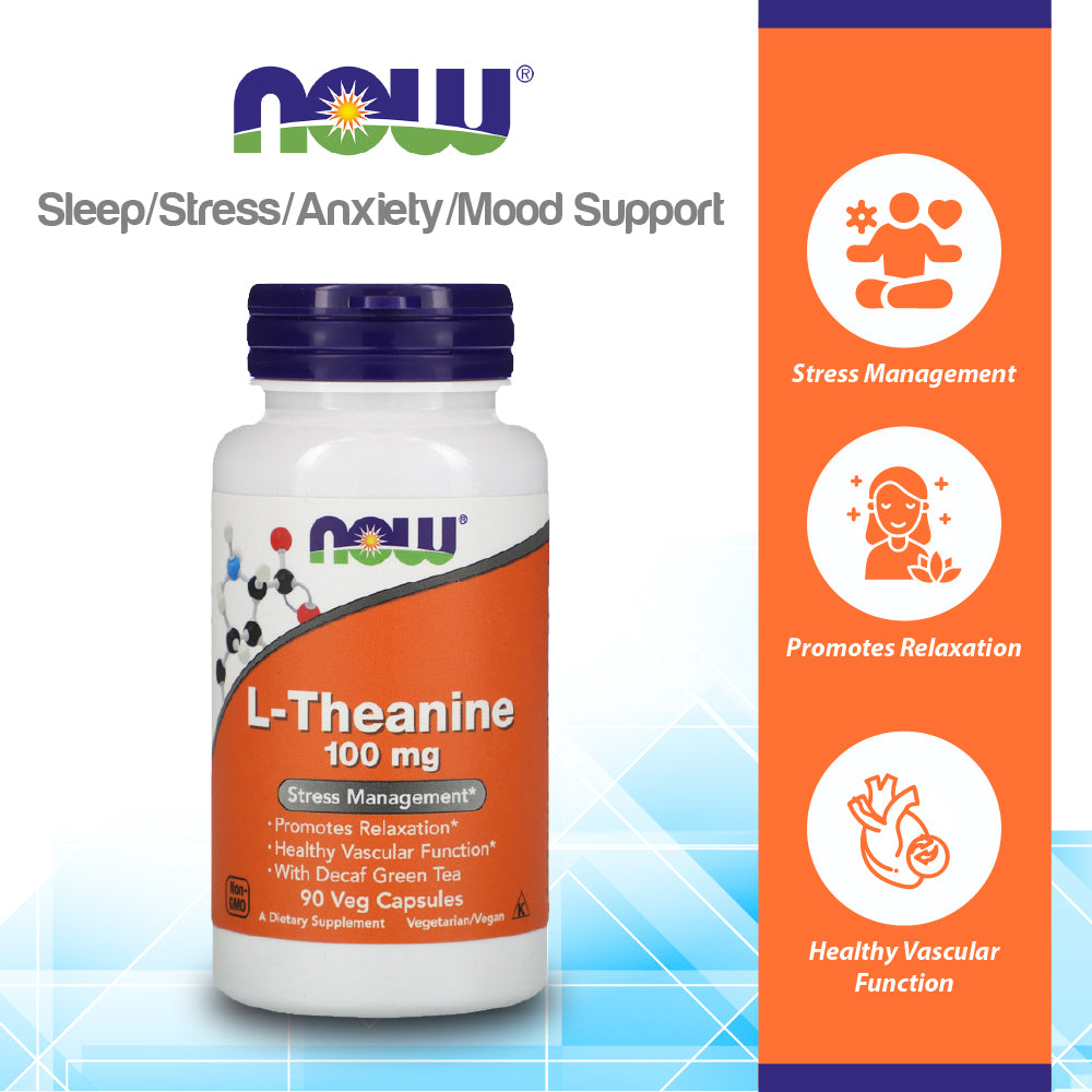 NOW Supplements, L-Theanine 100 mg with Decaf Green Tea, Stress Management*, 90 Veg Capsules Vitamins &amp; Supplements NOW Foods USA