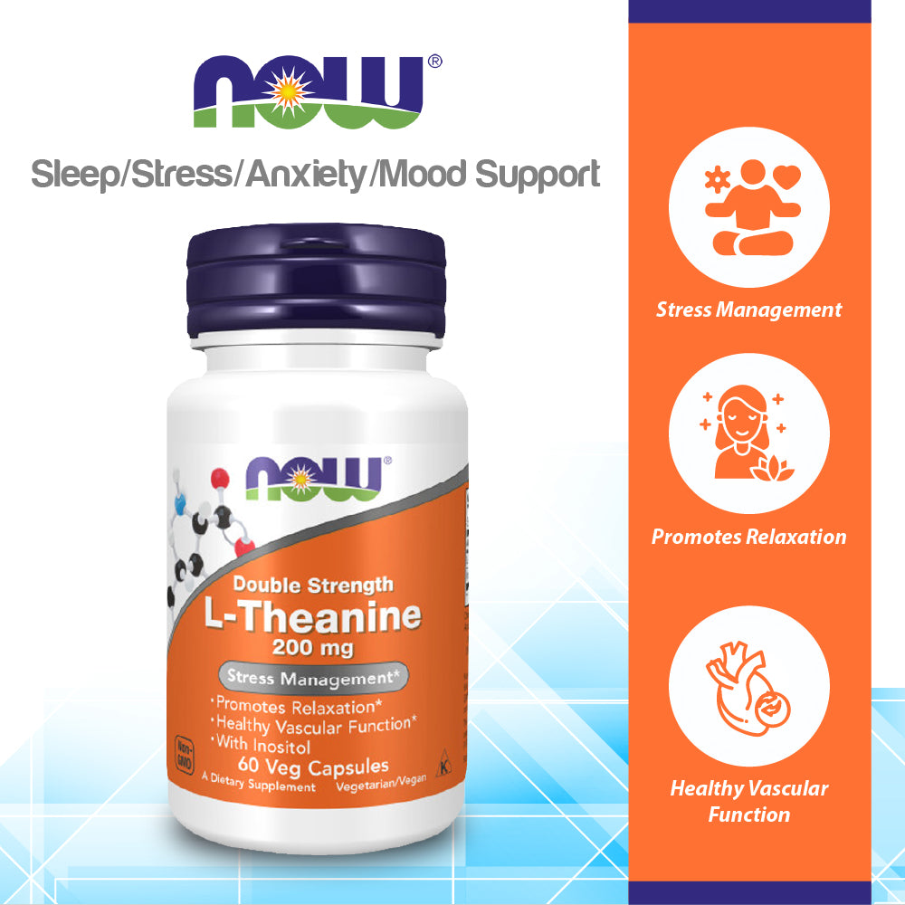 NOW Supplements, L-Theanine 200 mg with Inositol, Stress Management*, 60 Veg Capsules Vitamins &amp; Supplements NOW Foods USA