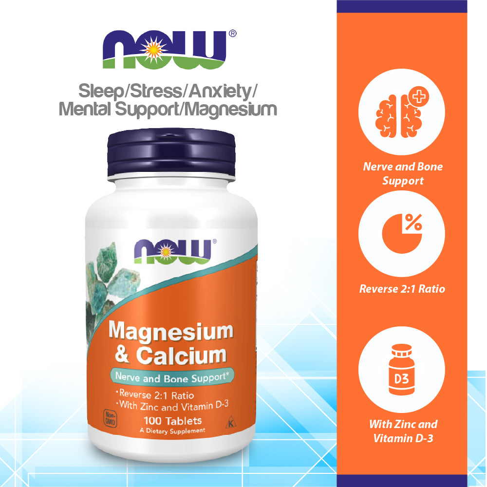 NOW Supplements, Magnesium &amp; Calcium, With Zinc and Vitamin D-3, Nerve and Bone Support*, 100 Tablets Vitamins &amp; Supplements NOW Foods USA