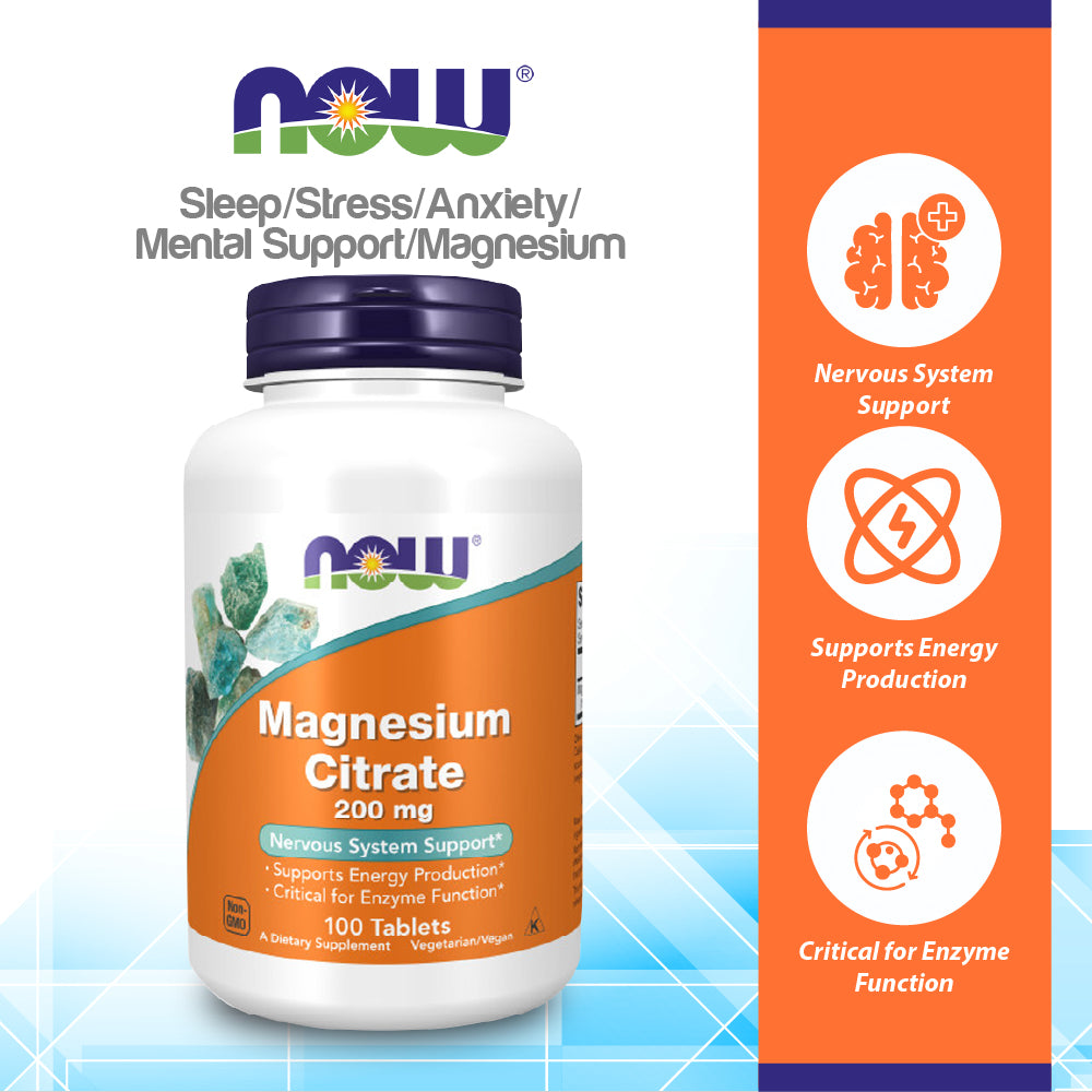 NOW Supplements, Magnesium Citrate 200 mg, Enzyme Function*, Nervous System Support*, 100 Tablets Vitamins &amp; Supplements NOW Foods USA