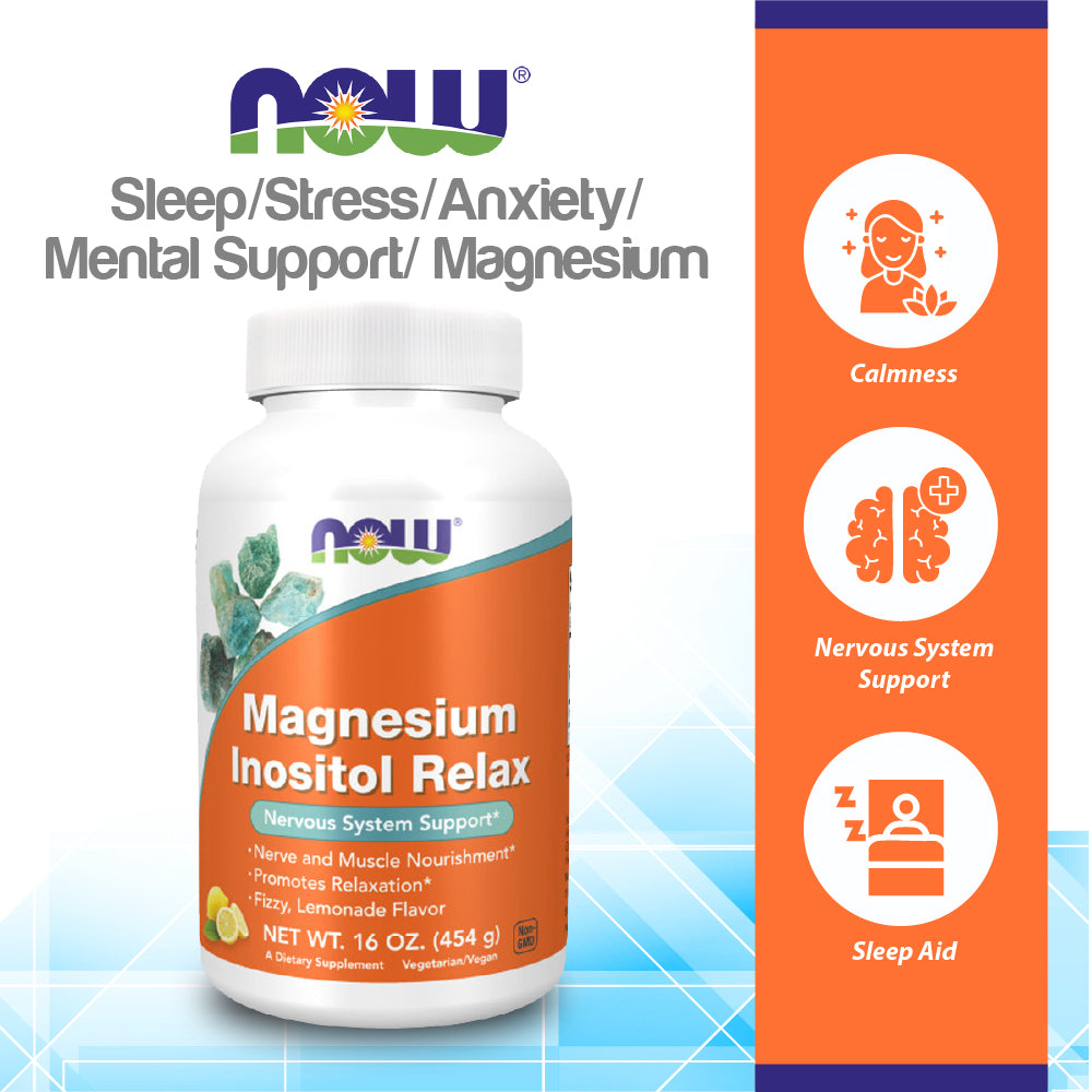 NOW Supplements, Magnesium Inositol Relax, Nervous System Support*, Fizzy Lemonade Flavor, 16-Ounce (454 g) Vitamins &amp; Supplements NOW Foods USA