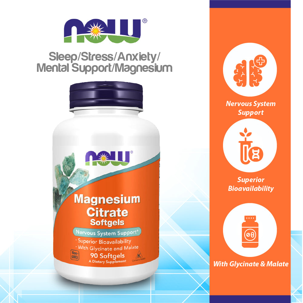 NOW FOODS Supplements, Magnesium Citrate, With Glycinate &amp; Malate, Nervous System Support*, 90 Softgels Vitamins &amp; Supplements NOW Foods USA