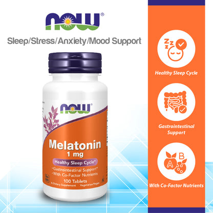 NOW Supplements, Melatonin 1 mg, with Co-Factor Nutrients, Healthy Sleep Cycle*, 100 Tablets Vitamins &amp; Supplements NOW Foods USA