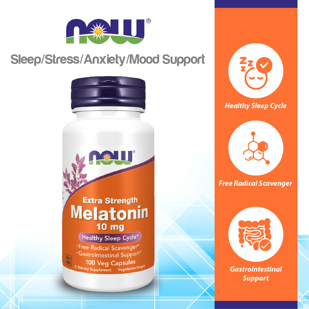 NOW Supplements, Melatonin, Extra Strength 10 mg, Free Radical Scavenger*, Healthy Sleep Cycle*, 100 Veg Capsules Vitamins &amp; Supplements NOW Foods USA