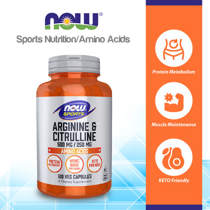 NOW Sports Nutrition, Arginine &amp; Citrulline 500 mg/ 250 mg, Amino Acids, 120 Veg Capsules Vitamins &amp; Supplements NOW Foods USA