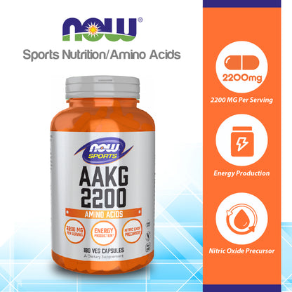 NOW Sports AAKG 2200, Arginine, Energy Productuion, 180 Veg Capsules Vitamins &amp; Supplements NOW Foods USA