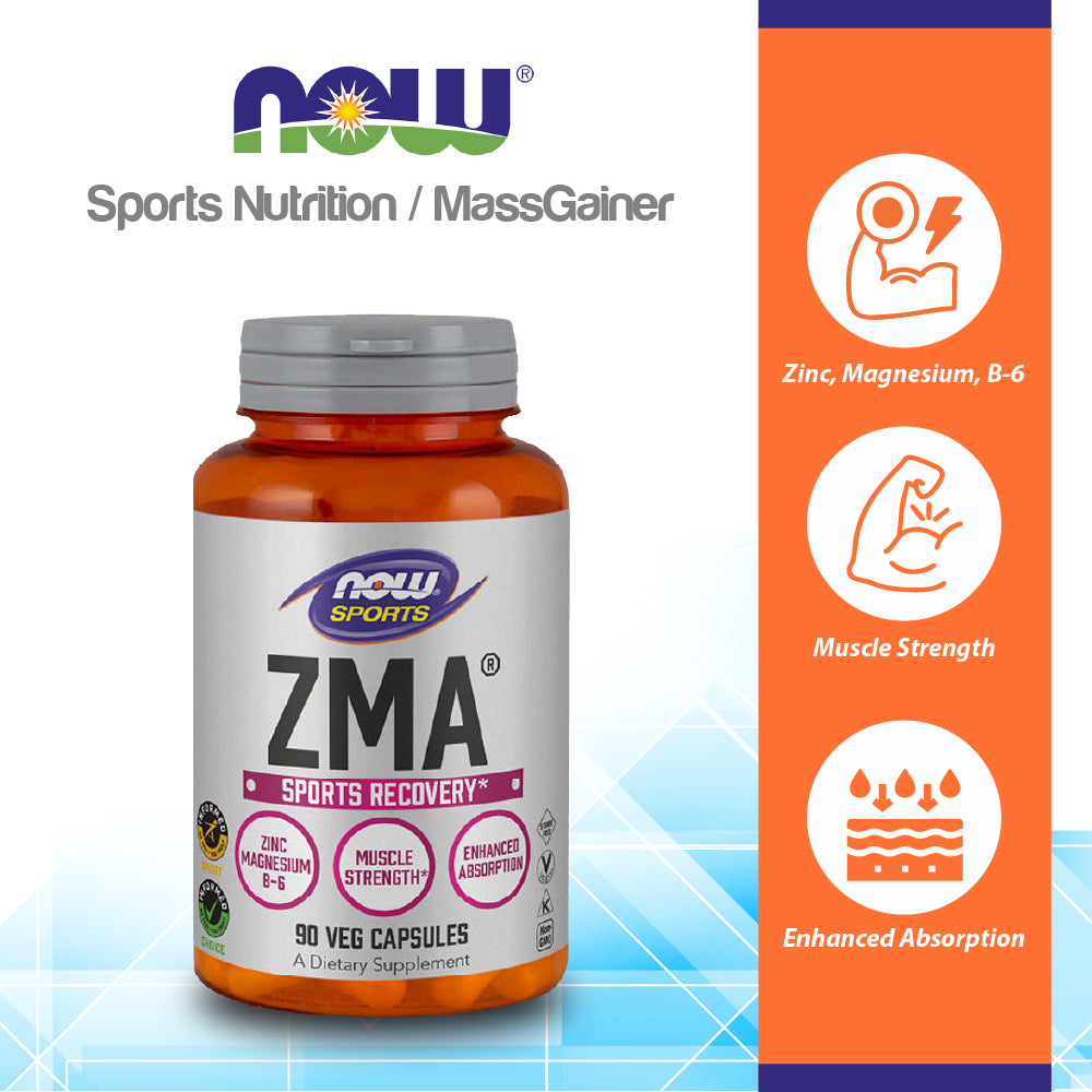 NOW Sports Nutrition, ZMA (Zinc, Magnesium and Vitamin B-6), Enhanced Absorption, Sports Recovery*, 90 Capsules Vitamins &amp; Supplements NOW Foods USA