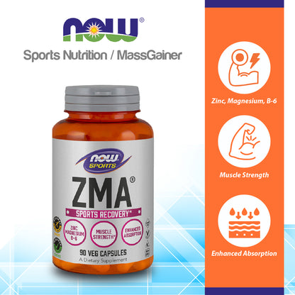 NOW Sports Nutrition, ZMA (Zinc, Magnesium and Vitamin B-6), Enhanced Absorption, Sports Recovery*, 90 Capsules Vitamins &amp; Supplements NOW Foods USA