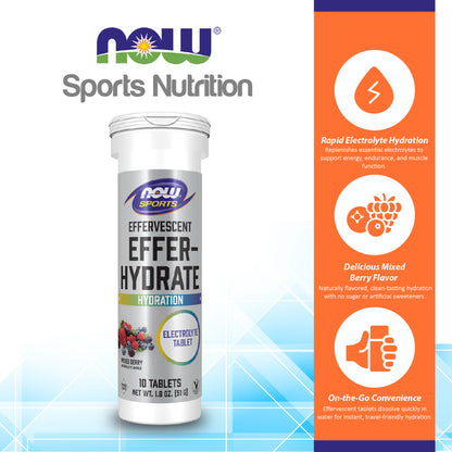 NOW Sports Nutrition, Effervescent Effer-Hydrate, Electrolyte Supplement, Recovery*, Mixed Berry, 10 Tablets