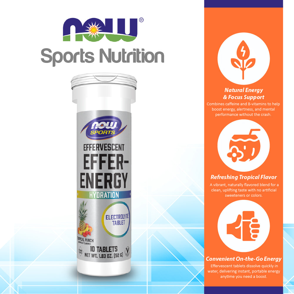 NOW Sports Nutrition, Effervescent Effer-Energy, Electrolyte Supplement, Energy/ Recovery, Tropical Punch, 10 Tablets