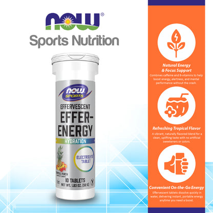 NOW Sports Nutrition, Effervescent Effer-Energy, Electrolyte Supplement, Energy/ Recovery, Tropical Punch, 10 Tablets