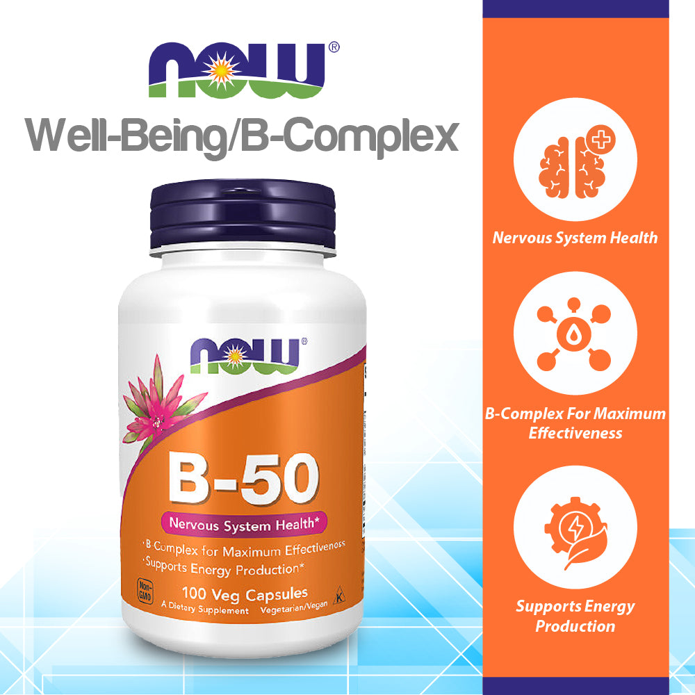 NOW Supplements, Vitamin B-50 mg, Energy Production*, Nervous System Health*, 100 Veg Capsules Vitamins &amp; Supplements NOW Foods USA