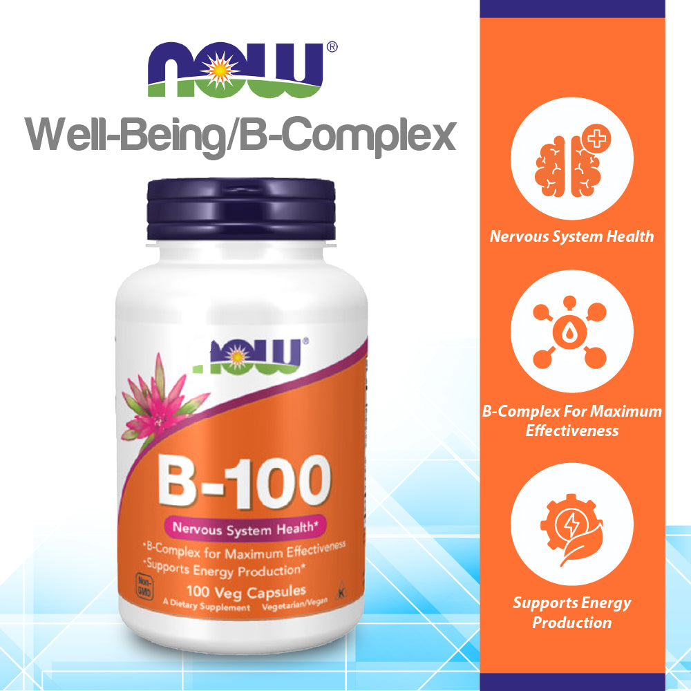 NOW Supplements, Vitamin B-100, Energy Production*, Nervous System Health*, 100 Veg Capsules Vitamins &amp; Supplements NOW Foods USA