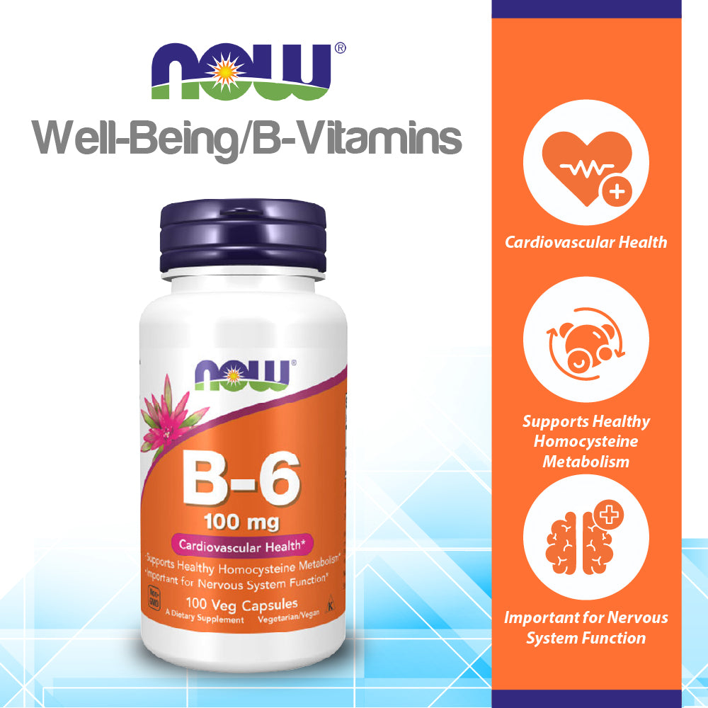 NOW FOODS Supplements, Vitamin B-6 (Pyridoxine HCl) 100 mg, Cardiovascular Health*, 100 Veg Capsules Vitamins &amp; Supplements NOW Foods USA
