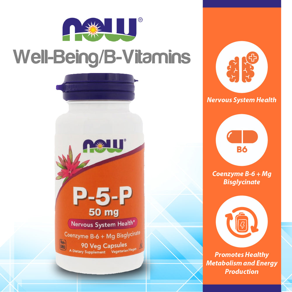 NOW Supplements, P-5-P 50 mg with Coenzyme B-6 + Mg Bisglycinate, 90 Veg Capsules Vitamins &amp; Supplements NOW Foods USA