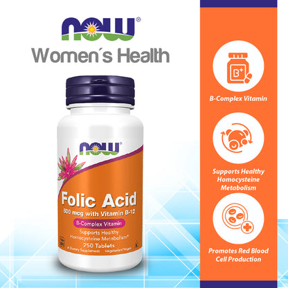 NOW Supplements, Folic Acid 800 mcg + B-12 (Cyanocobalamin) 25 mcg, B Complex Vitamin, 250 Tablets Vitamins &amp; Supplements NOW Foods USA