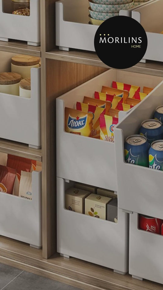 [Morilins Home] 白色日式模块化可堆叠收纳盒带标签架 - 外观干净整洁，方便存放杂物、零食、厨具和化妆品