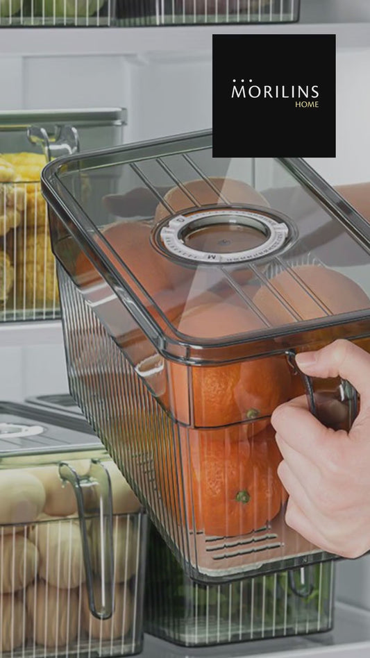 [Morilins Home] 设计师冰箱农产品收纳盒 - 不含 BPA，带手柄和日期盖，包括用于存储新鲜农产品的独特冷凝托盘
