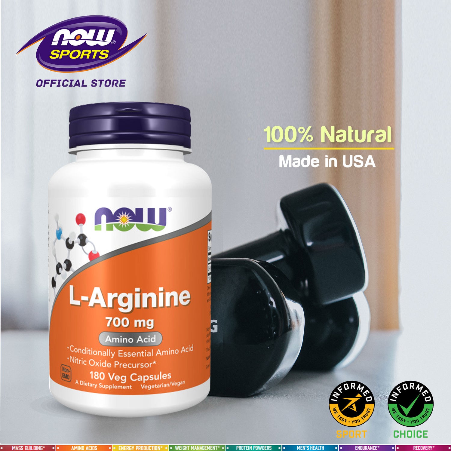 NOW Supplements, L-Arginine 700 mg, Nitric Oxide Precursor*, Amino Acid, 180 Veg Capsules - Bloom Concept