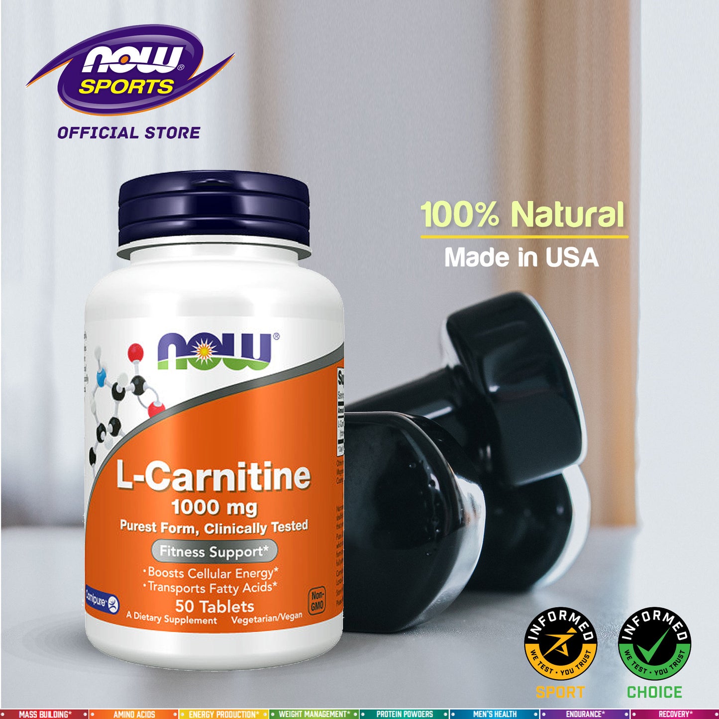 NOW Supplements, L-Carnitine 1,000 mg, Purest Form, Amino Acid, Fitness Support*, 50 Tablets - Bloom Concept