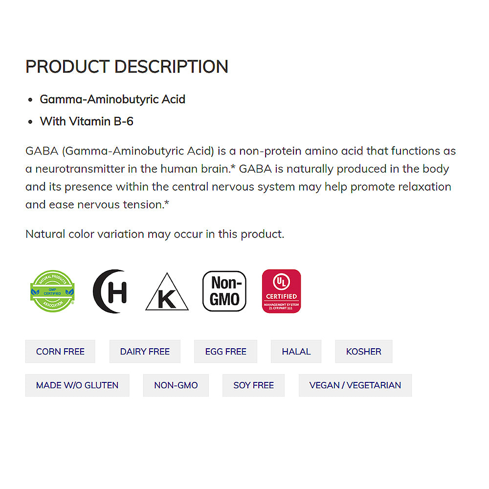 NOW Supplements, GABA (Gamma-Aminobutyric Acid) 500 mg + B-6, Natural Neurotransmitter*, 100 Veg Capsules Vitamins &amp; Supplements NOW Foods USA