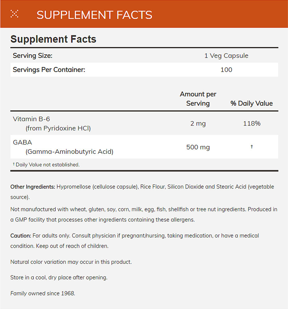 NOW Supplements, GABA (Gamma-Aminobutyric Acid) 500 mg + B-6, Natural Neurotransmitter*, 100 Veg Capsules Vitamins &amp; Supplements NOW Foods USA