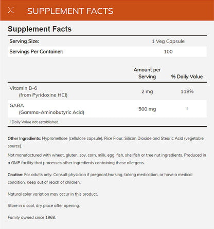 NOW Supplements, GABA (Gamma-Aminobutyric Acid) 500 mg + B-6, Natural Neurotransmitter*, 100 Veg Capsules Vitamins &amp; Supplements NOW Foods USA