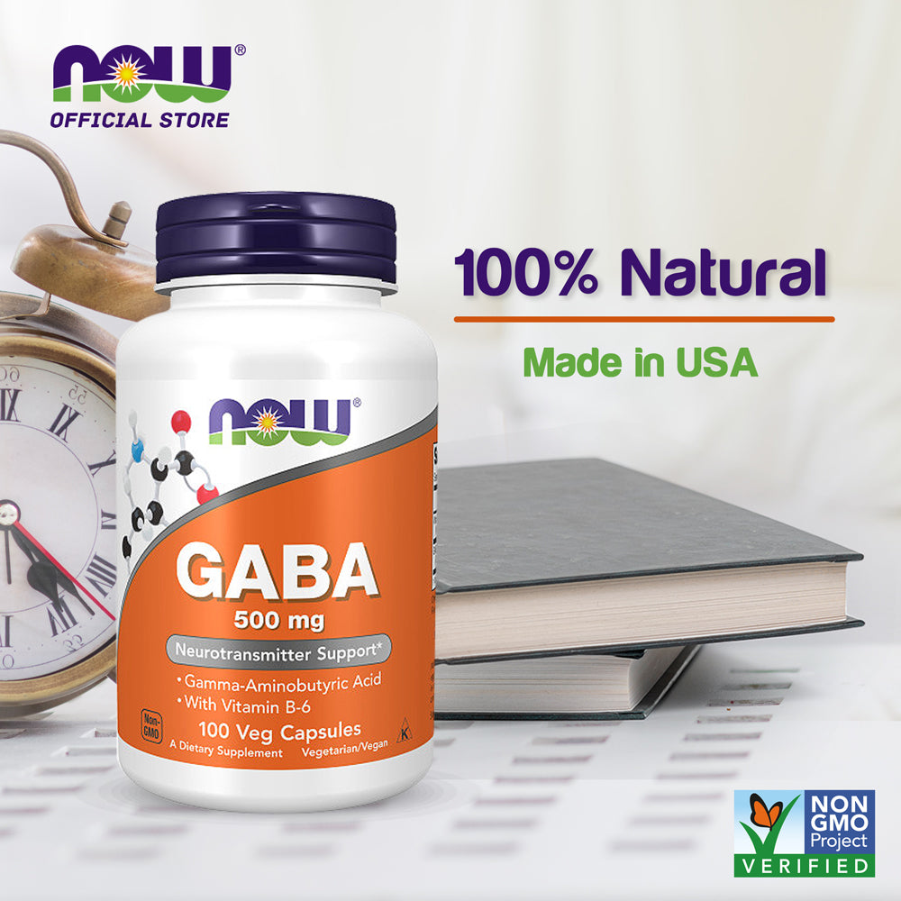 NOW Supplements, GABA (Gamma-Aminobutyric Acid) 500 mg + B-6, Natural Neurotransmitter*, 100 Veg Capsules Vitamins &amp; Supplements NOW Foods USA