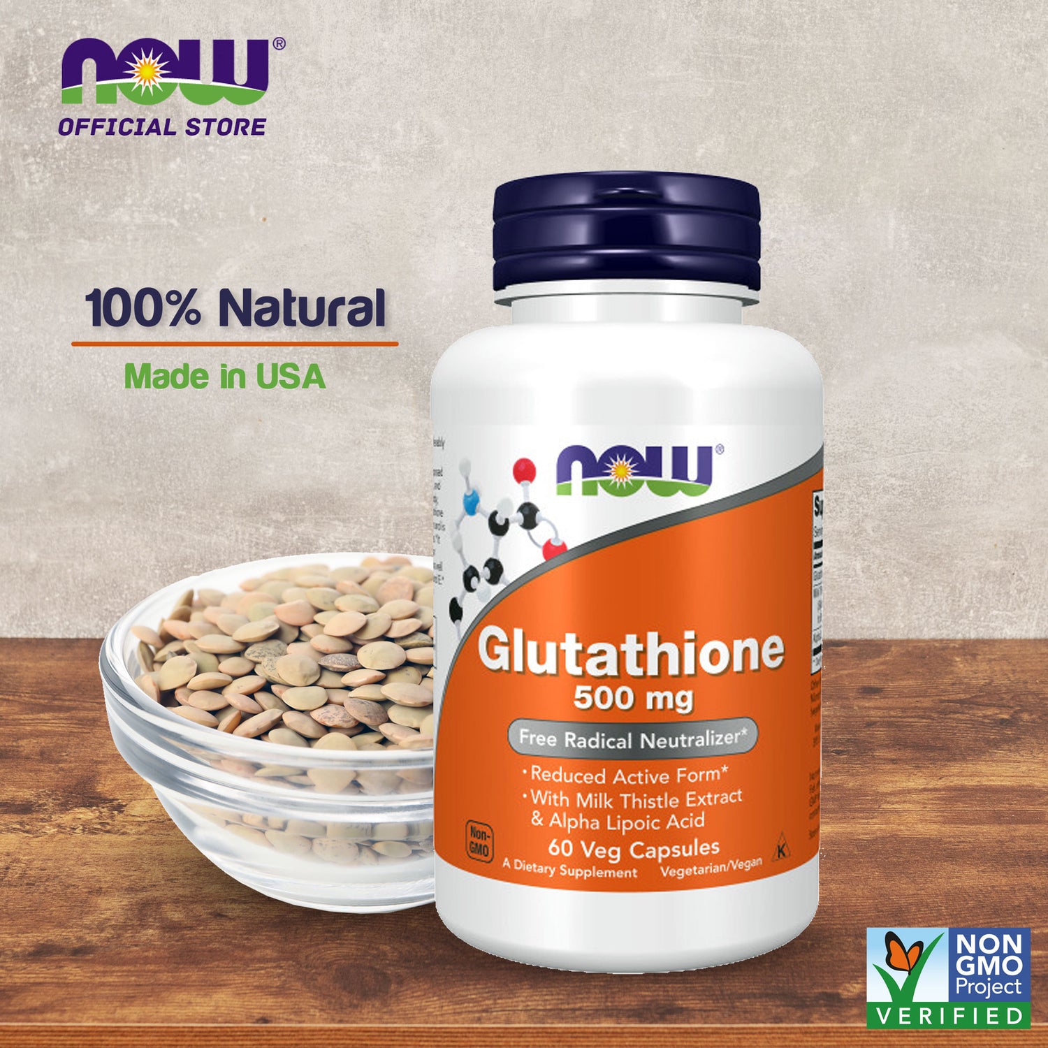 NOW Supplements, Glutathione 500 mg, With Milk Thistle Extract & Alpha Lipoic Acid, Free Radical Neutralizer*, 60 Veg Capsules - Bloom Concept