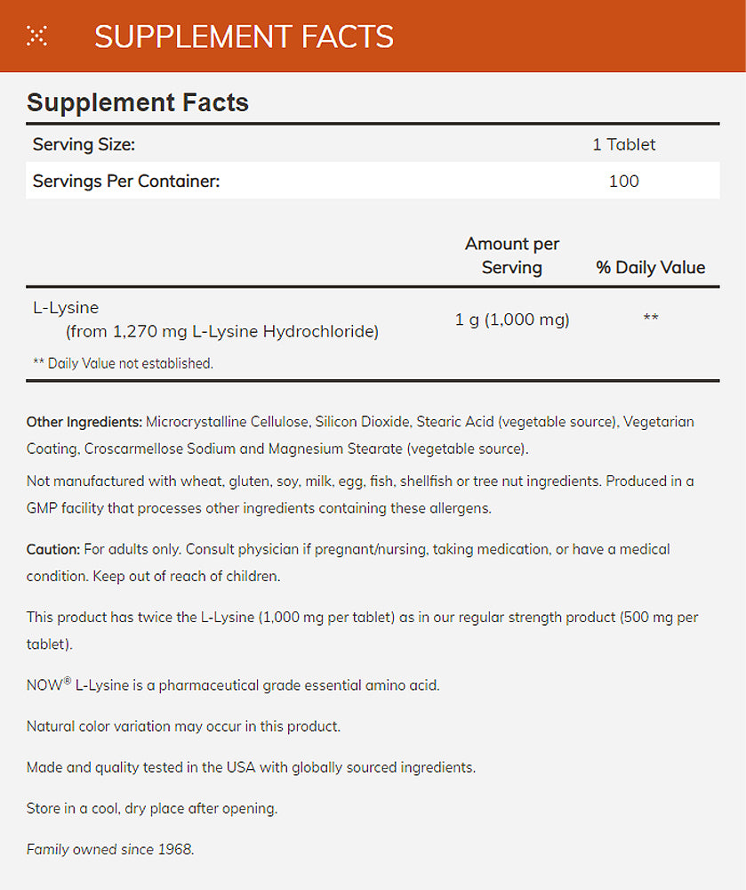 NOW Supplements, L-Lysine (L-Lysine Hydrochloride) 1,000 mg, Double Strength, Amino Acid, 100 Tablets - Bloom Concept