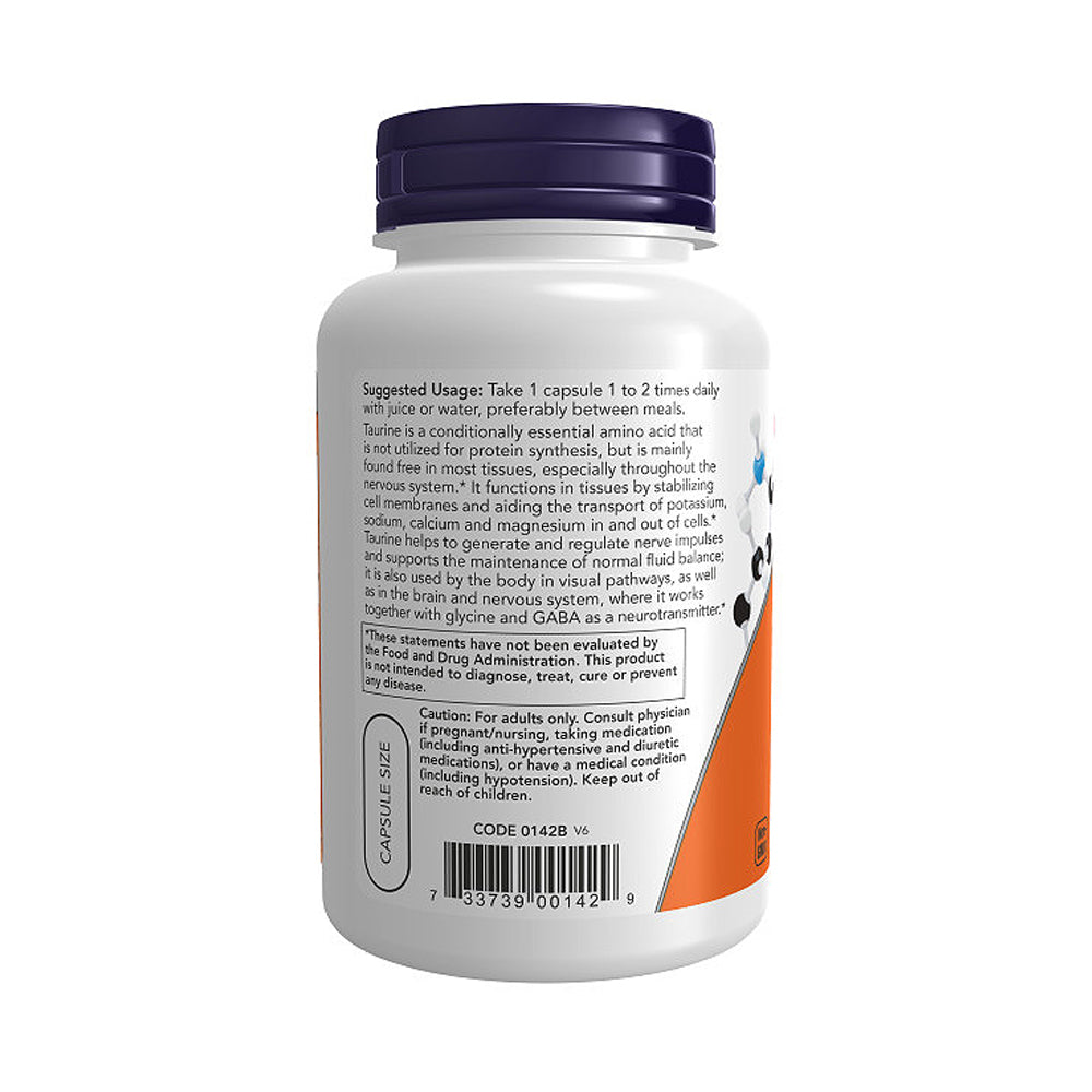 NOW Supplements, Taurine 1,000 mg, Double Strength, Nervous System Health*, 100 Veg Capsules - Bloom Concept