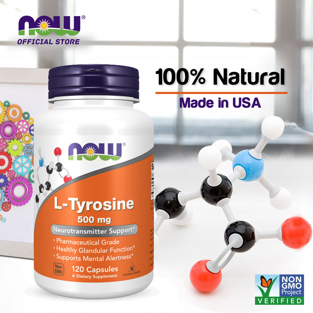 NOW Supplements, L-Tyrosine 500 mg, Supports Mental Alertness*, Neurotransmitter Support*, 120 Capsules - Bloom Concept