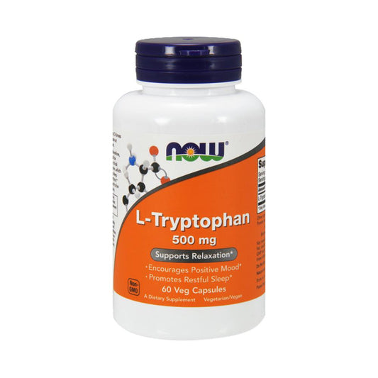 NOW Supplements, L-Tryptophan 500 mg, Encourages Positive Mood*, Supports Relaxation*, 60 Veg Capsules - Bloom Concept