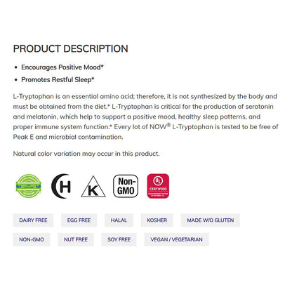 NOW Supplements, L-Tryptophan 500 mg, Encourages Positive Mood*, Supports Relaxation*, 60 Veg Capsules Vitamins &amp; Supplements NOW Foods USA