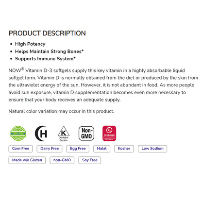 NOW Supplements, Vitamin D-3 2,000 IU, High Potency, Structural Support*, 30 Softgels Vitamins &amp; Supplements NOW Foods USA