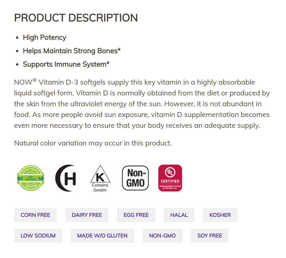NOW Supplements, Vitamin D-3 1,000 IU, High Potency, Structural Support*, 180 Softgels - Bloom Concept