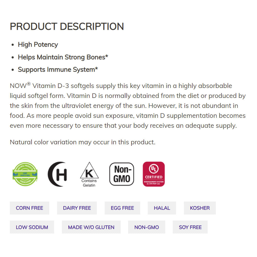 NOW Supplements, Vitamin D-3 2,000 IU, High Potency, Structural Support*, 120 Softgels Vitamins &amp; Supplements NOW Foods USA