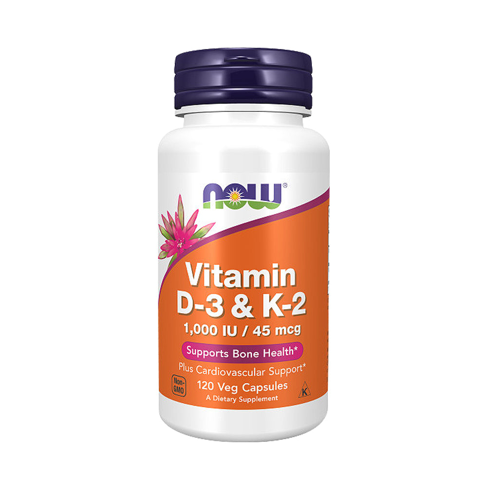 NOW Supplements, Vitamin D-3 & K-2, 1,000 IU/45 mcg, Plus Cardiovascular Support, Supports Bone Health, 120 Veg Capsules - Bloom Concept