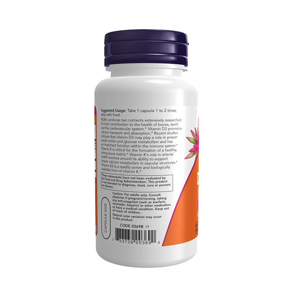 NOW Supplements, Vitamin D-3 & K-2, 1,000 IU/45 mcg, Plus Cardiovascular Support, Supports Bone Health, 120 Veg Capsules - Bloom Concept