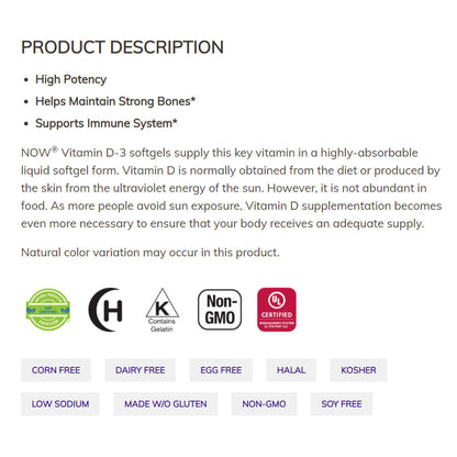 NOW Supplements, Vitamin D-3 5,000 IU, High Potency, Structural Support*, 120 Softgels Vitamins &amp; Supplements NOW Foods USA