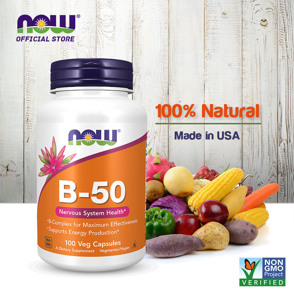 NOW Supplements, Vitamin B-50 mg, Energy Production*, Nervous System Health*, 100 Veg Capsules Vitamins &amp; Supplements NOW Foods USA