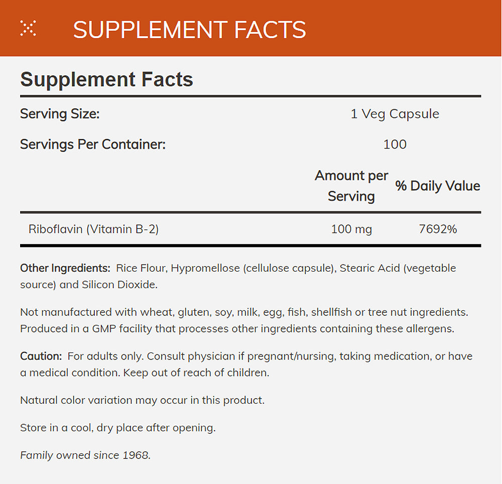 NOW FOODS Supplements, Vitamin B-2 (Riboflavin) 100 mg, Energy Production*, 100 Veg Capsules - Bloom Concept