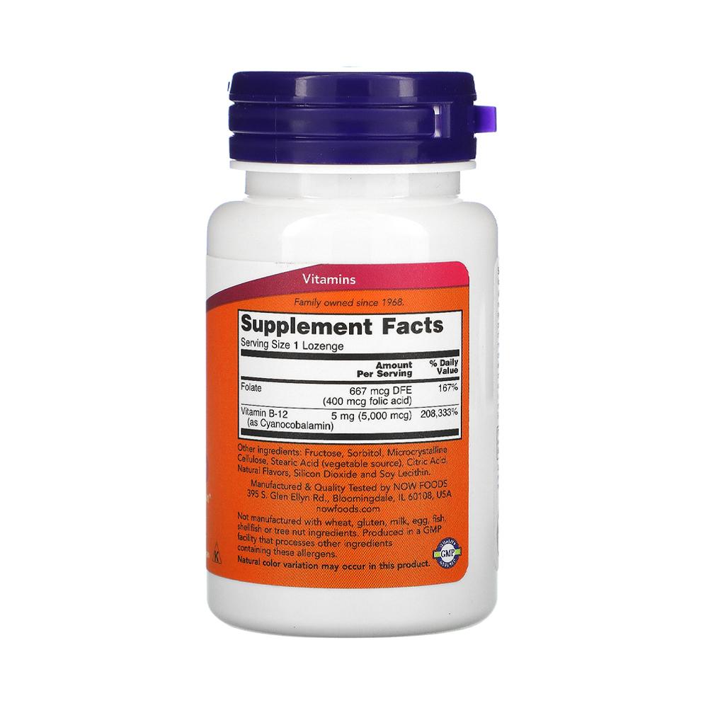 NOW FOODS Supplements, Vitamin B-12 5,000 mcg, With Folic Acid, Nervous System Health*, 60 Lozenges - Bloom Concept