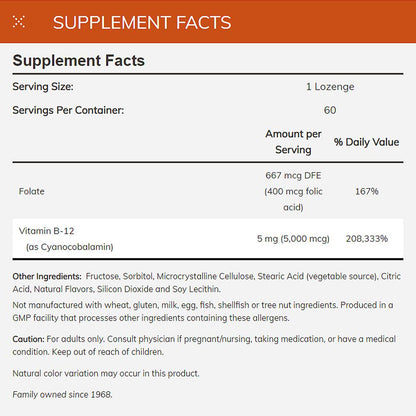 NOW FOODS Supplements, Vitamin B-12 5,000 mcg, With Folic Acid, Nervous System Health*, 60 Lozenges Vitamins &amp; Supplements NOW Foods USA