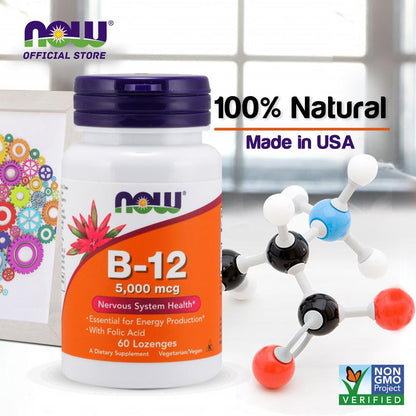 NOW FOODS Supplements, Vitamin B-12 5,000 mcg, With Folic Acid, Nervous System Health*, 60 Lozenges Vitamins &amp; Supplements NOW Foods USA